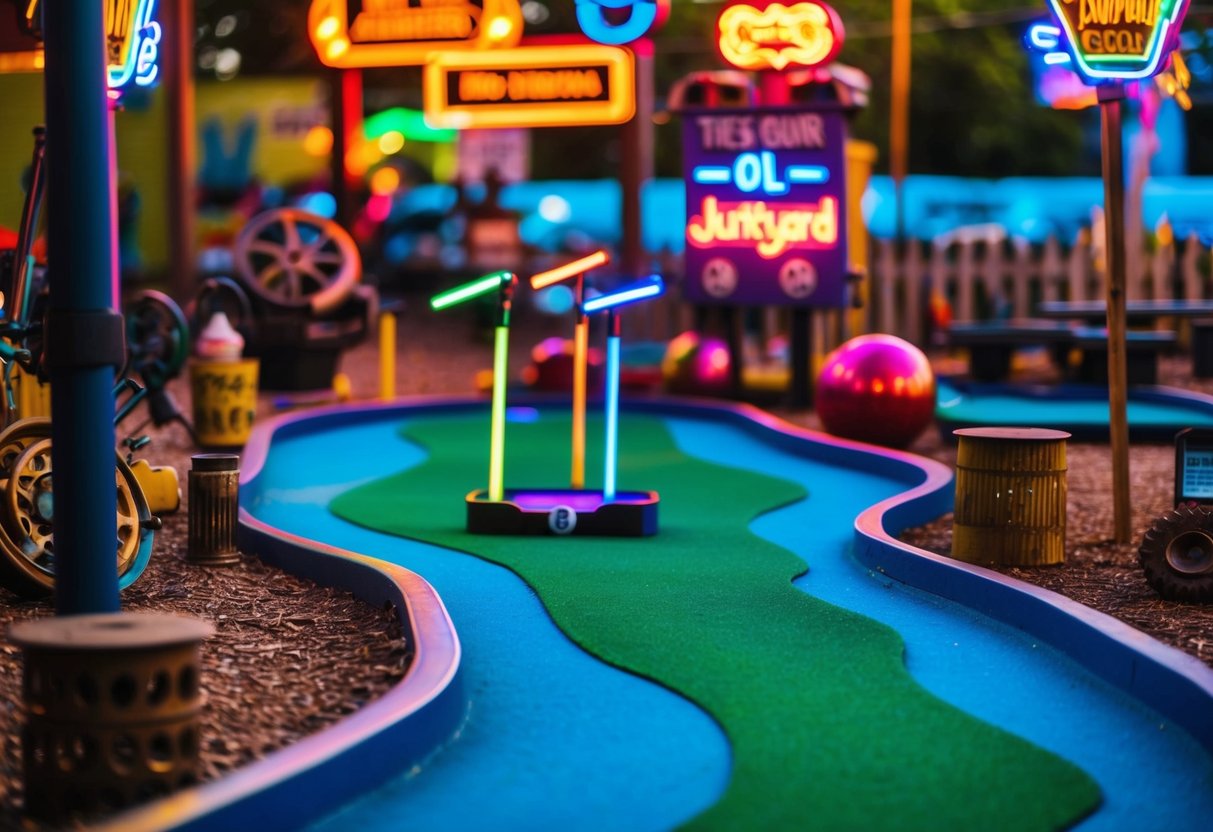 Colorful neon lights illuminate a vibrant mini-golf course, surrounded by quirky junkyard decor