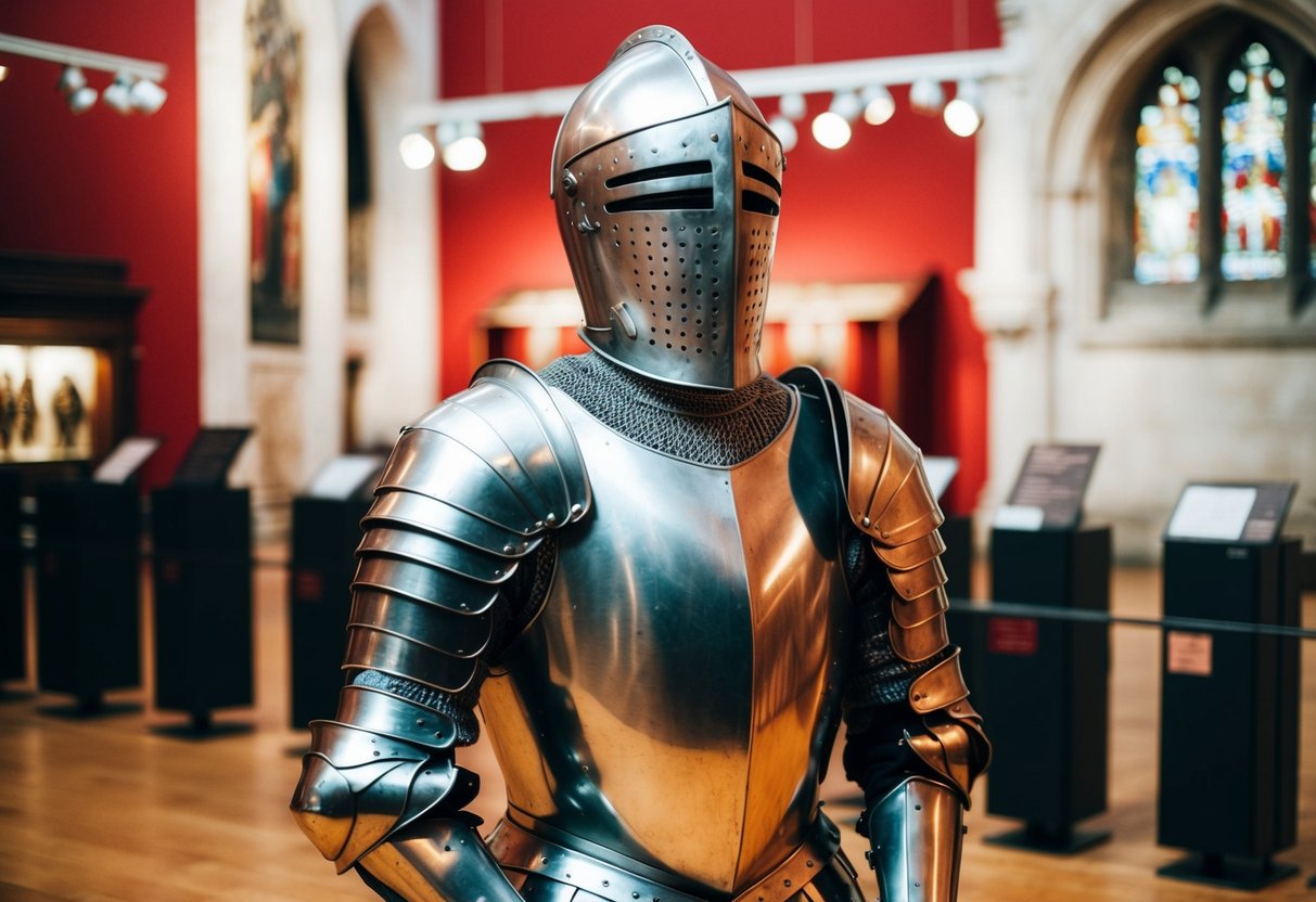 A medieval knight's suit of armor displayed in the Royal Armouries Museum