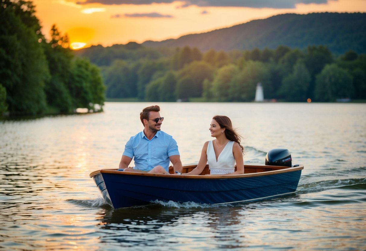 A couple enjoying a scenic boat ride on the tranquil waters of the Aachen Lake, surrounded by lush greenery and a picturesque sunset