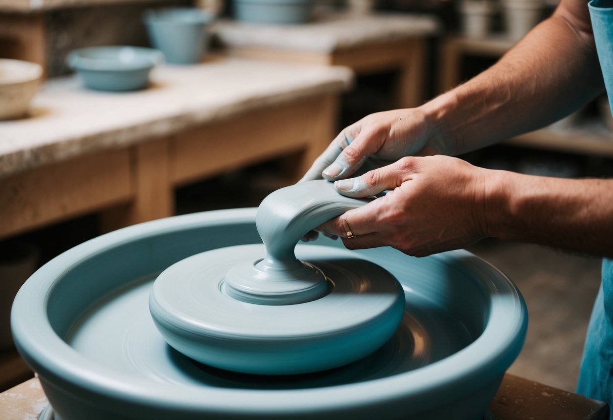 A pottery wheel spins as hands shape wet clay at Jackrabbits Pottery studio in Leeds