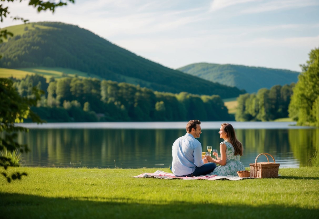 A couple picnicking by a serene lake in Aargau, surrounded by lush greenery and rolling hills
