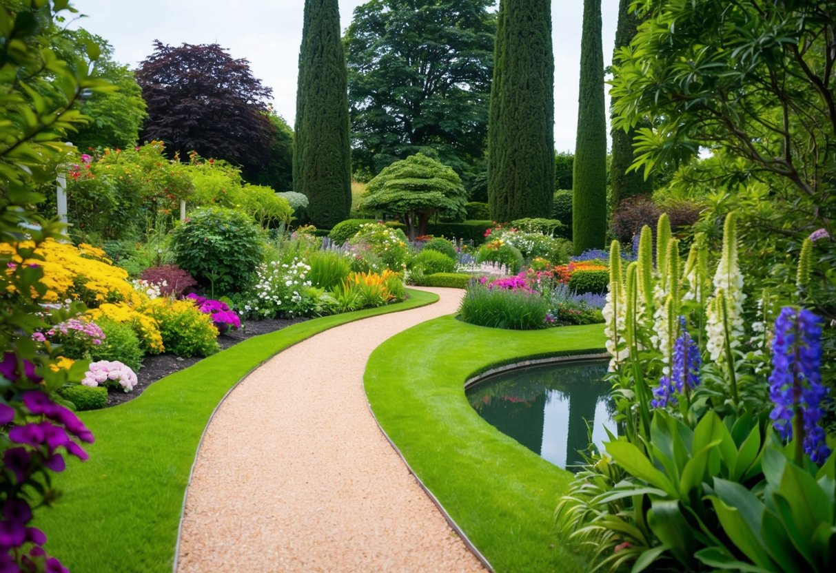 A winding path through lush gardens with colorful flowers and tall trees, leading to a tranquil pond