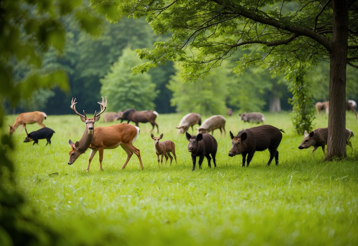 The scene shows a variety of wildlife in their natural habitat at Wildpark Bruderhaus. Animals like deer, wild boar, and birds can be seen roaming freely in the park's lush and green surroundings