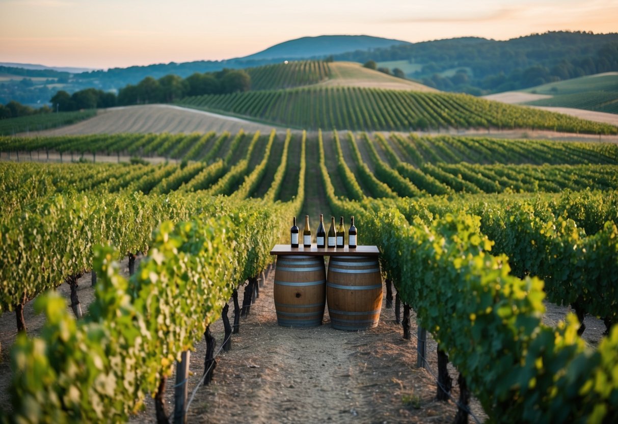Vineyard landscape with rolling hills, rows of grapevines, and a rustic tasting area with barrels and wine bottles