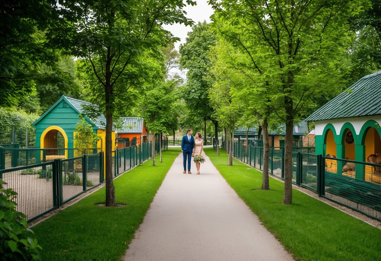 Lush greenery surrounds a charming pathway with colorful animal enclosures at Aachener Tierpark Euregiozoo, creating a serene and romantic setting for a date in Aachen