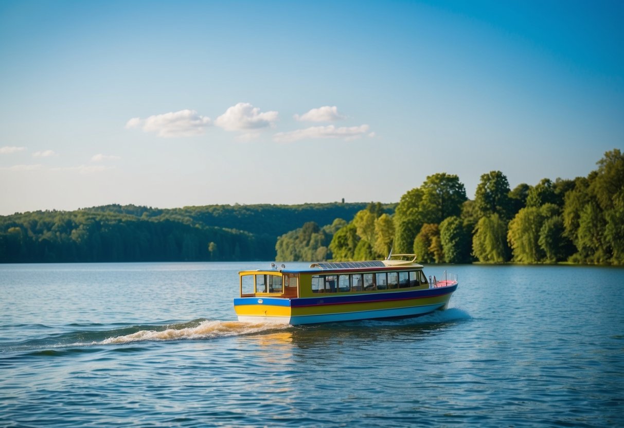 A colorful boat glides across the calm waters of Lake Hallwil, surrounded by lush greenery and a clear blue sky