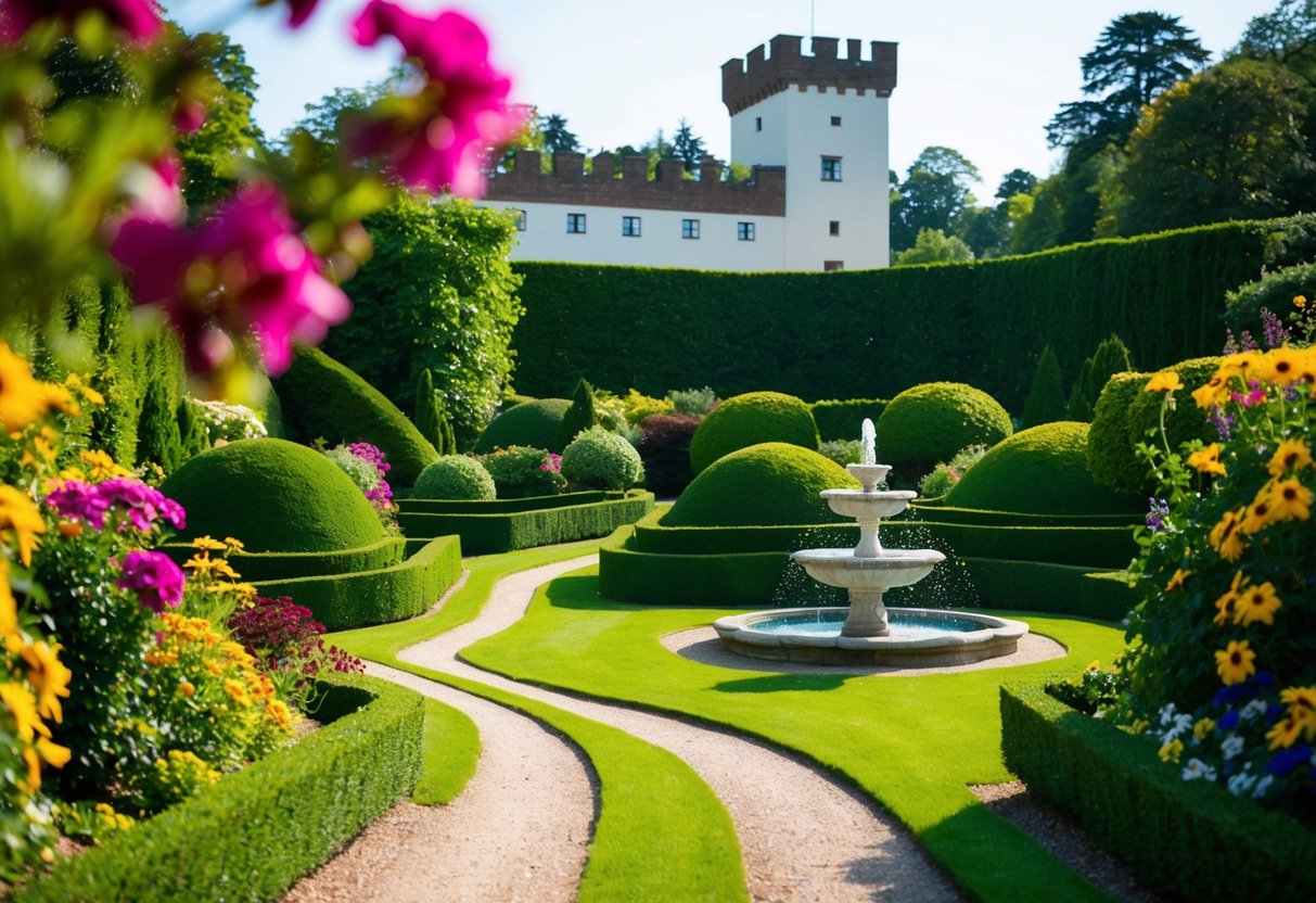 A winding path through lush gardens at Wildegg Castle, with colorful flowers, manicured hedges, and a charming fountain