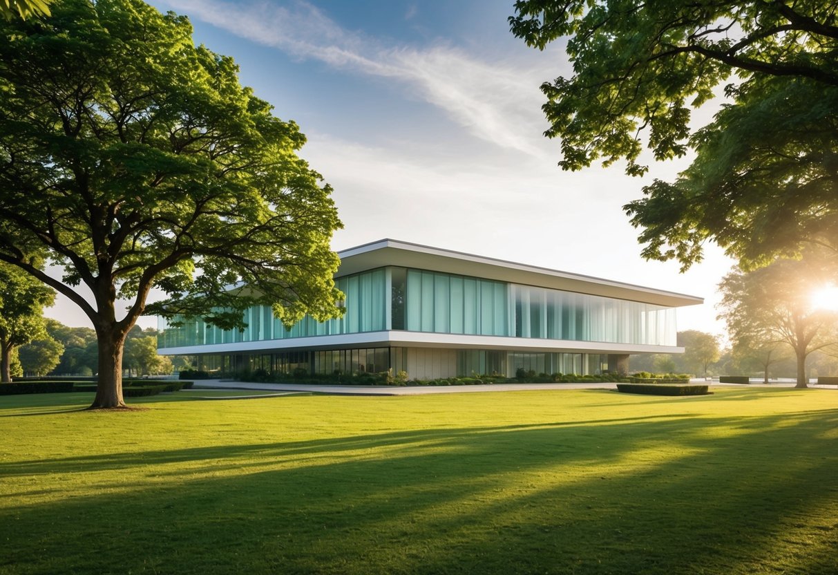 A serene park setting with a modern building, surrounded by trees and a peaceful atmosphere