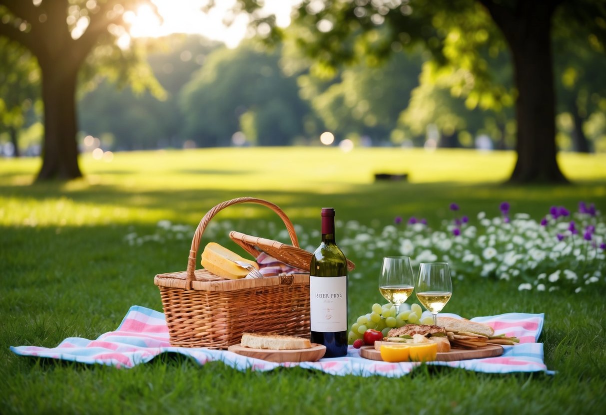 A picnic in a park with a blanket, basket of food, and a bottle of wine surrounded by trees and flowers
