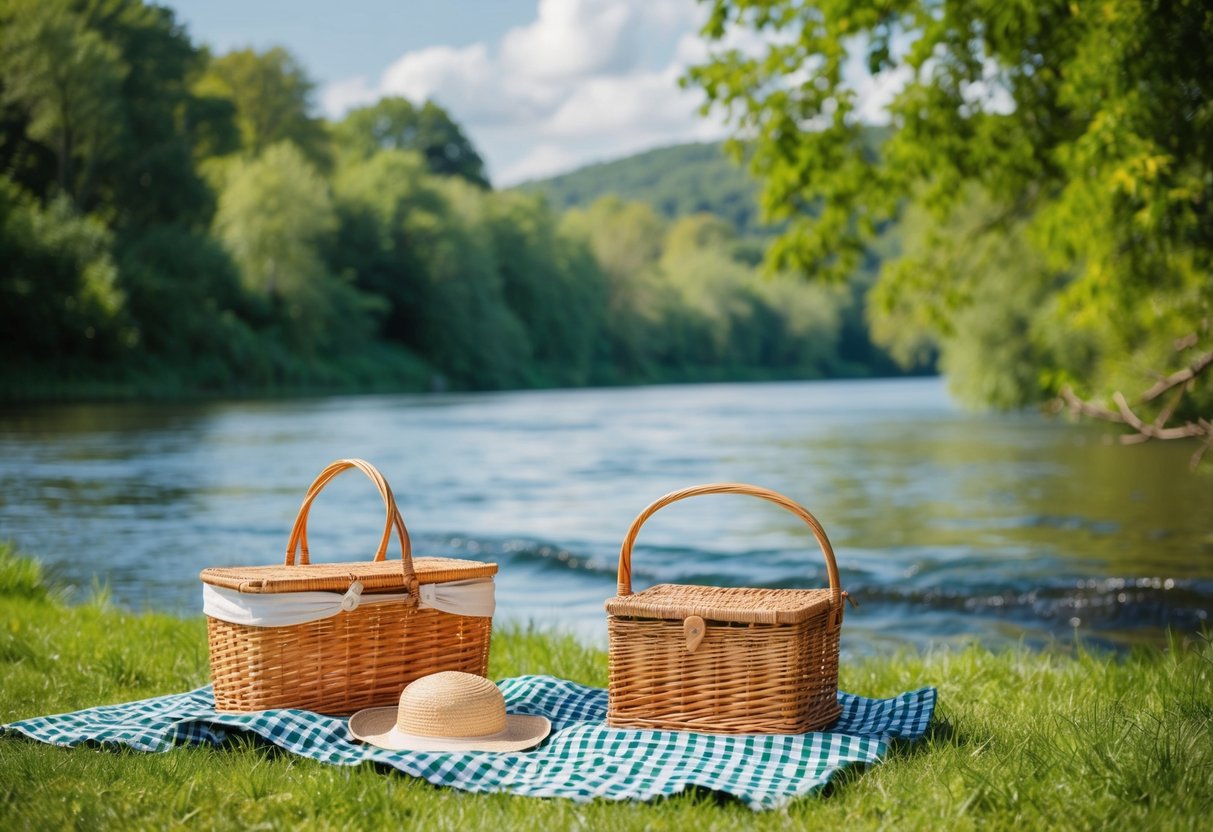 A peaceful picnic by Reuss River, with a checkered blanket, a wicker basket, and a backdrop of lush greenery and flowing water