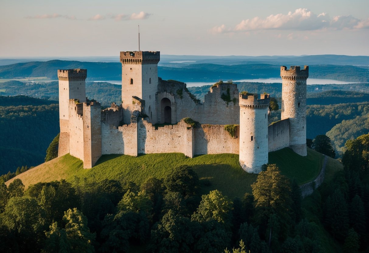 The ancient ruins of Habsburg Castle sit atop a hill, surrounded by dense forest and overlooking the Aargau region. The crumbling stone walls and towers evoke a sense of history and mystery