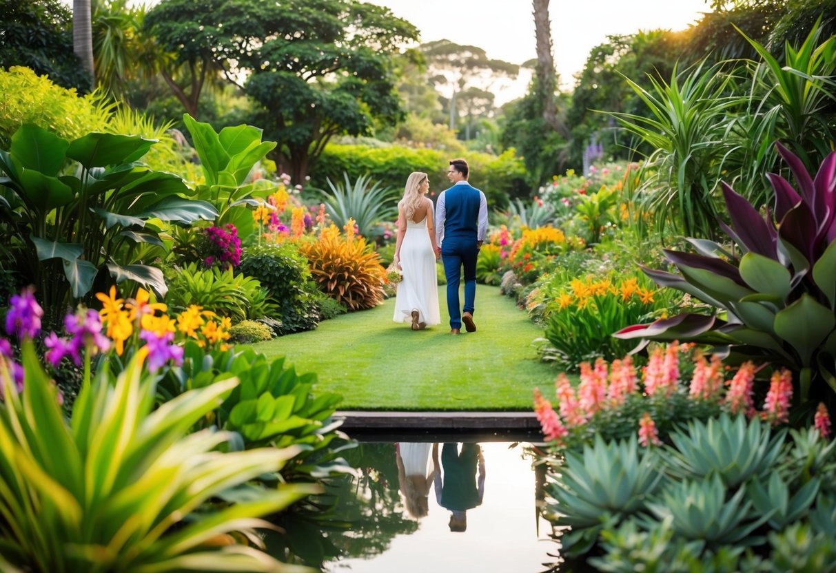 Lush greenery surrounds a couple strolling through a botanical garden, admiring vibrant flowers and exotic plants. A serene pond reflects the colorful blooms