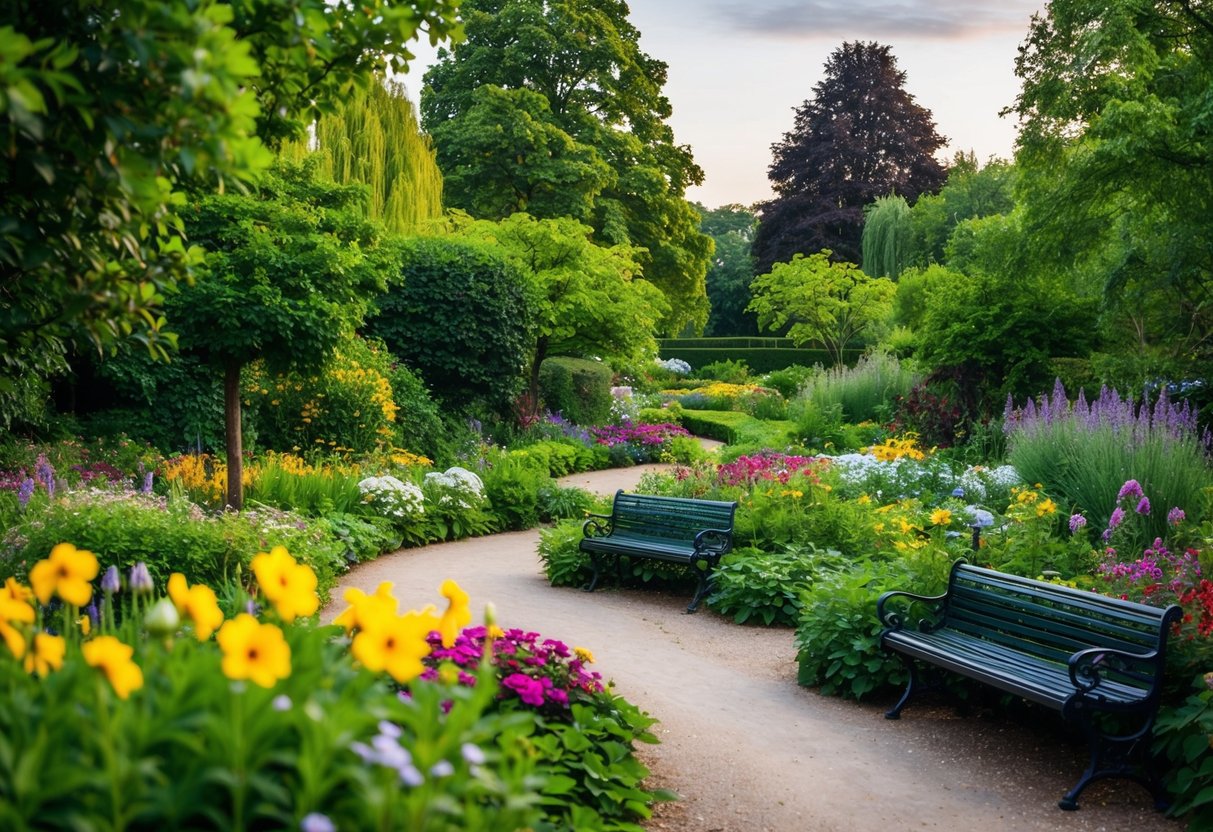 Lush greenery and colorful flowers fill the Aachen Botanical Garden, with winding paths and cozy benches perfect for a romantic date
