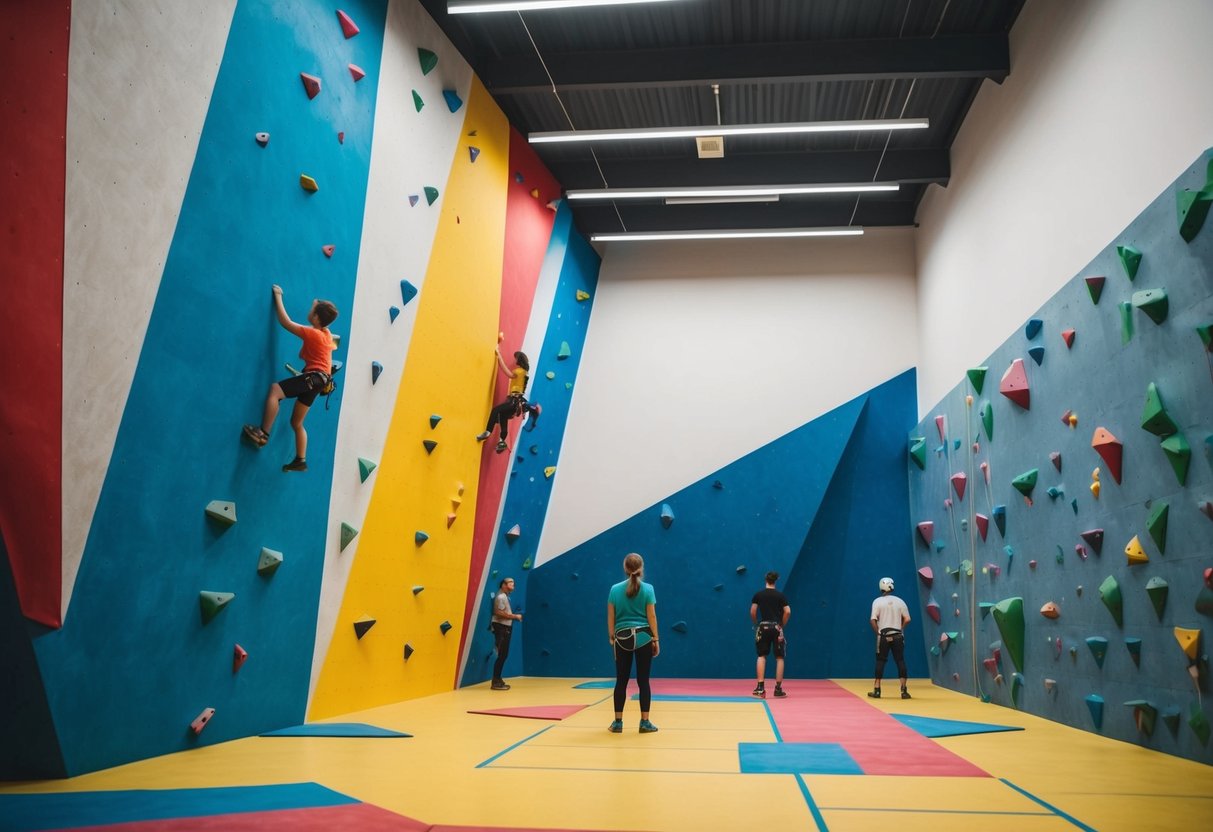 A colorful indoor rock climbing wall at Kletterzentrum Gaswerk, with climbers ascending various routes under bright lights