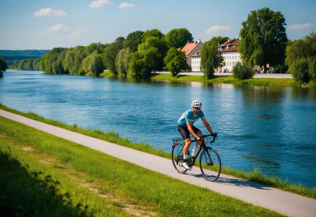 A cyclist rides along the Aare River, passing by lush greenery and tranquil waters under a clear blue sky