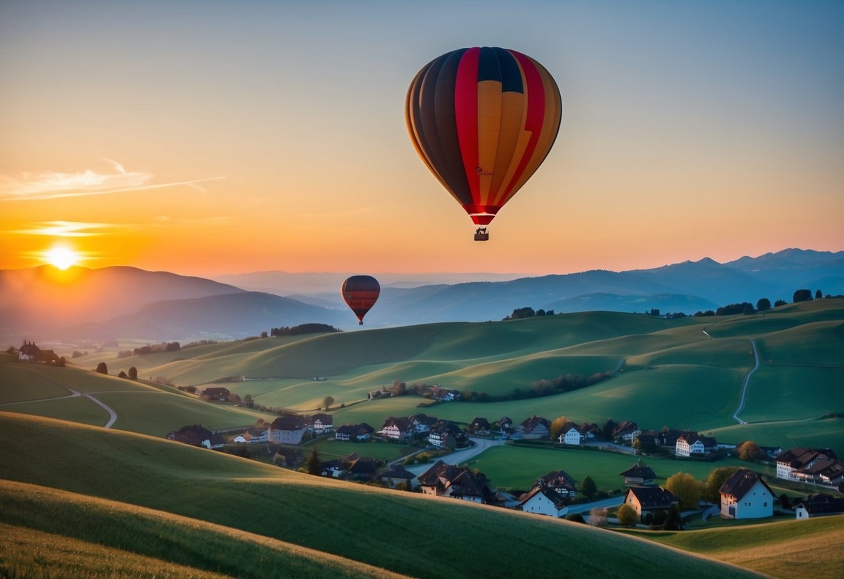 A hot air balloon floats over rolling hills and quaint villages in Aargau, Switzerland. The sun sets in the distance, casting a warm glow over the picturesque landscape