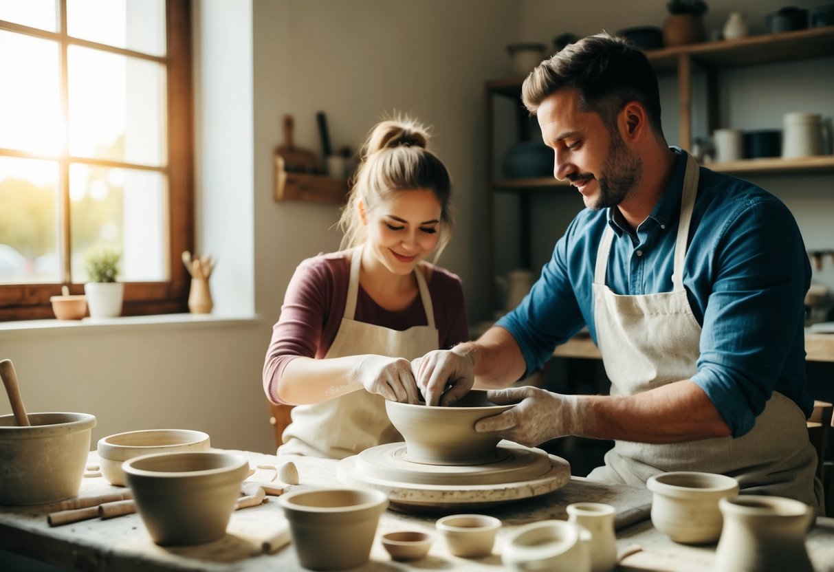 A couple sits at a pottery wheel, molding clay together. A table holds various tools and pots. Sunlight streams through the window