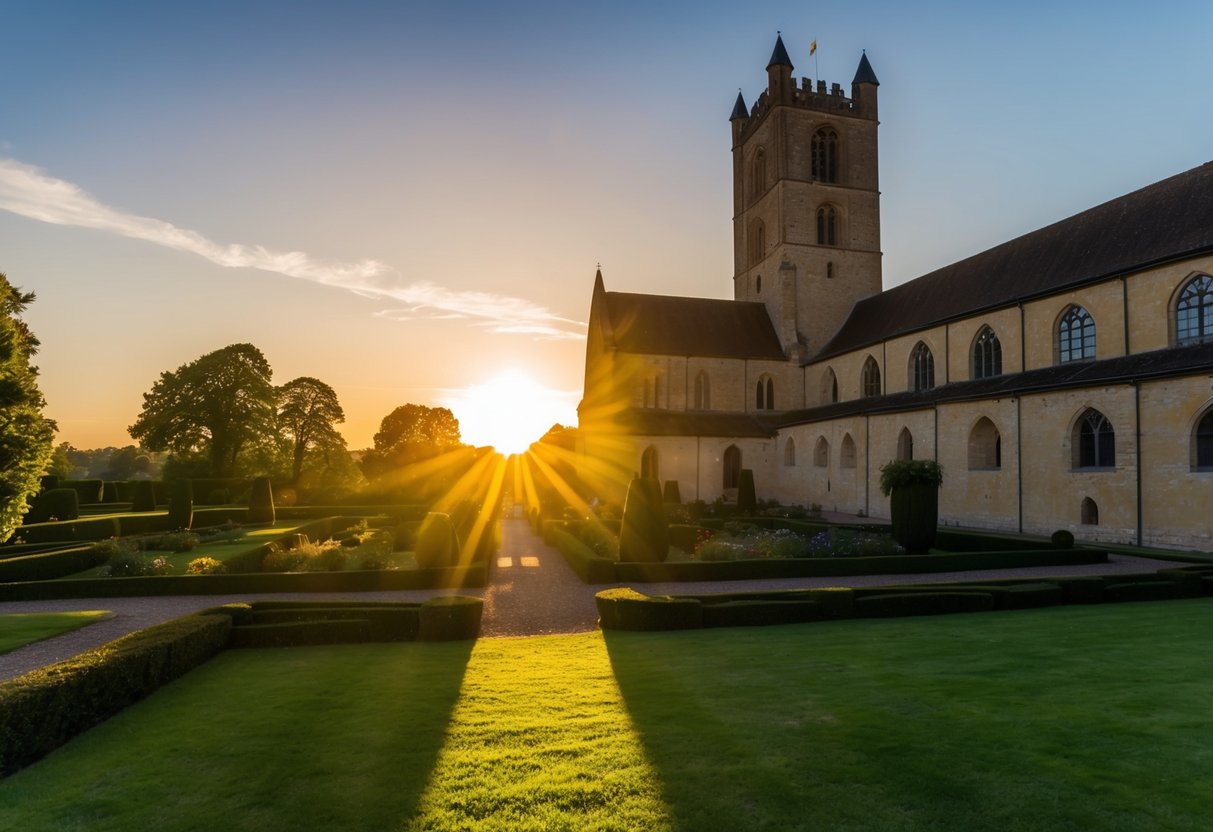 The sun sets behind the historic Wettingen Abbey, casting a warm glow over the ancient stone walls and lush surrounding gardens