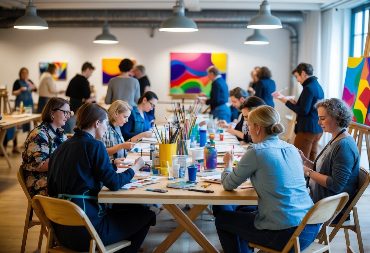 Workshop at Kunsthaus Aarau: people gathered around tables, engaged in art-making, surrounded by colorful paintings and art supplies
