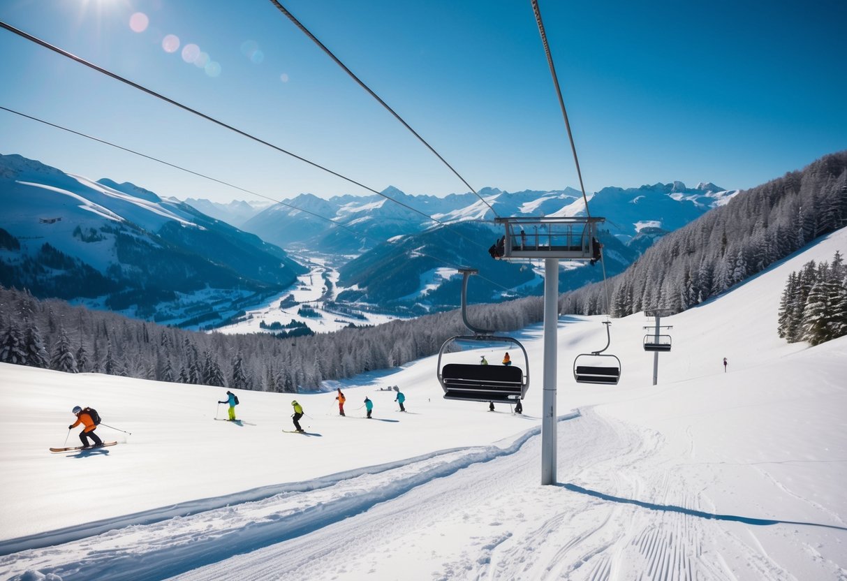 A snowy mountain landscape with a ski lift and skiers at Wasserfallen ski resort in Aargau, Switzerland