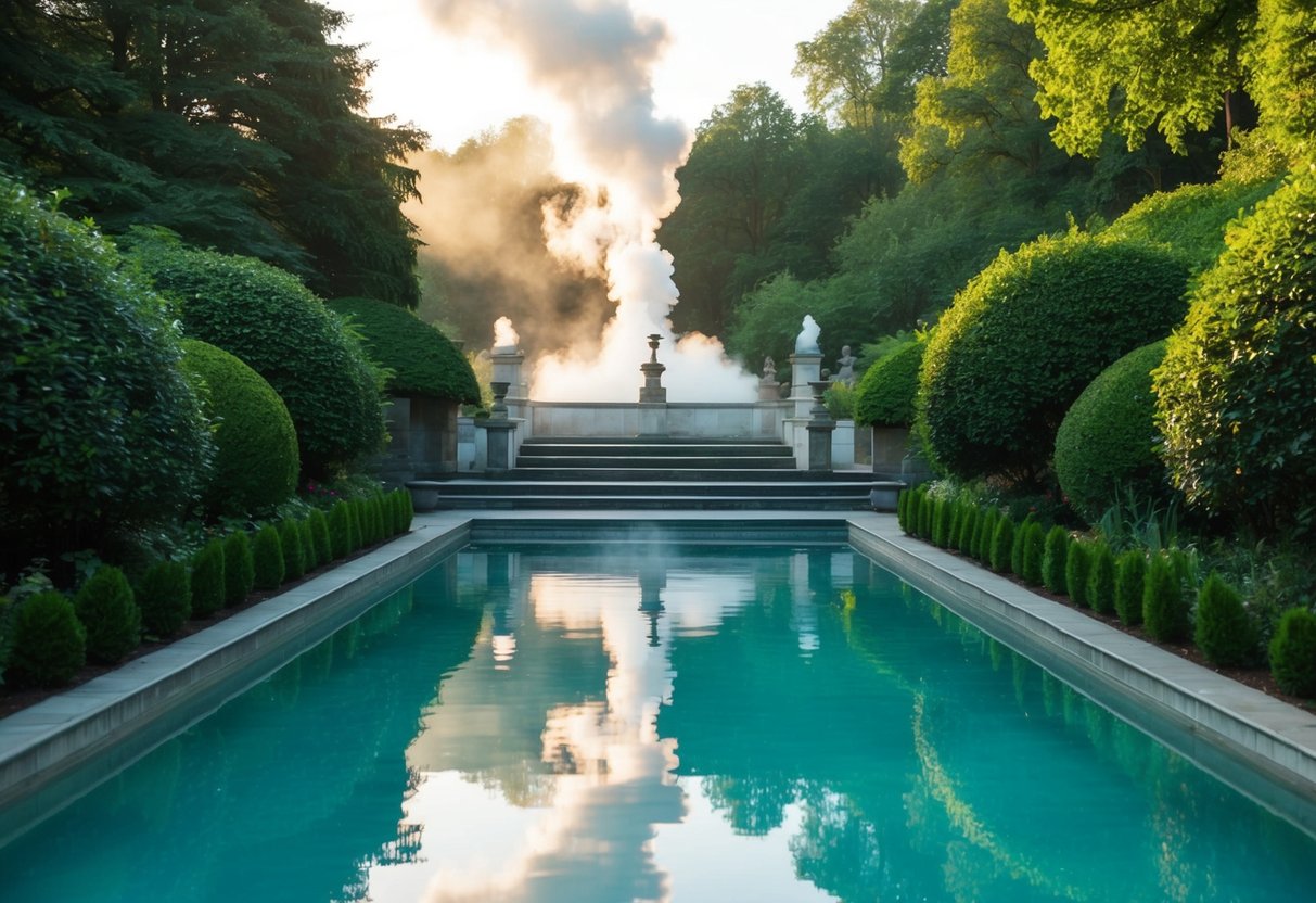 A serene pool surrounded by lush greenery, with steam rising from the warm waters of Carolus Thermen in Aachen