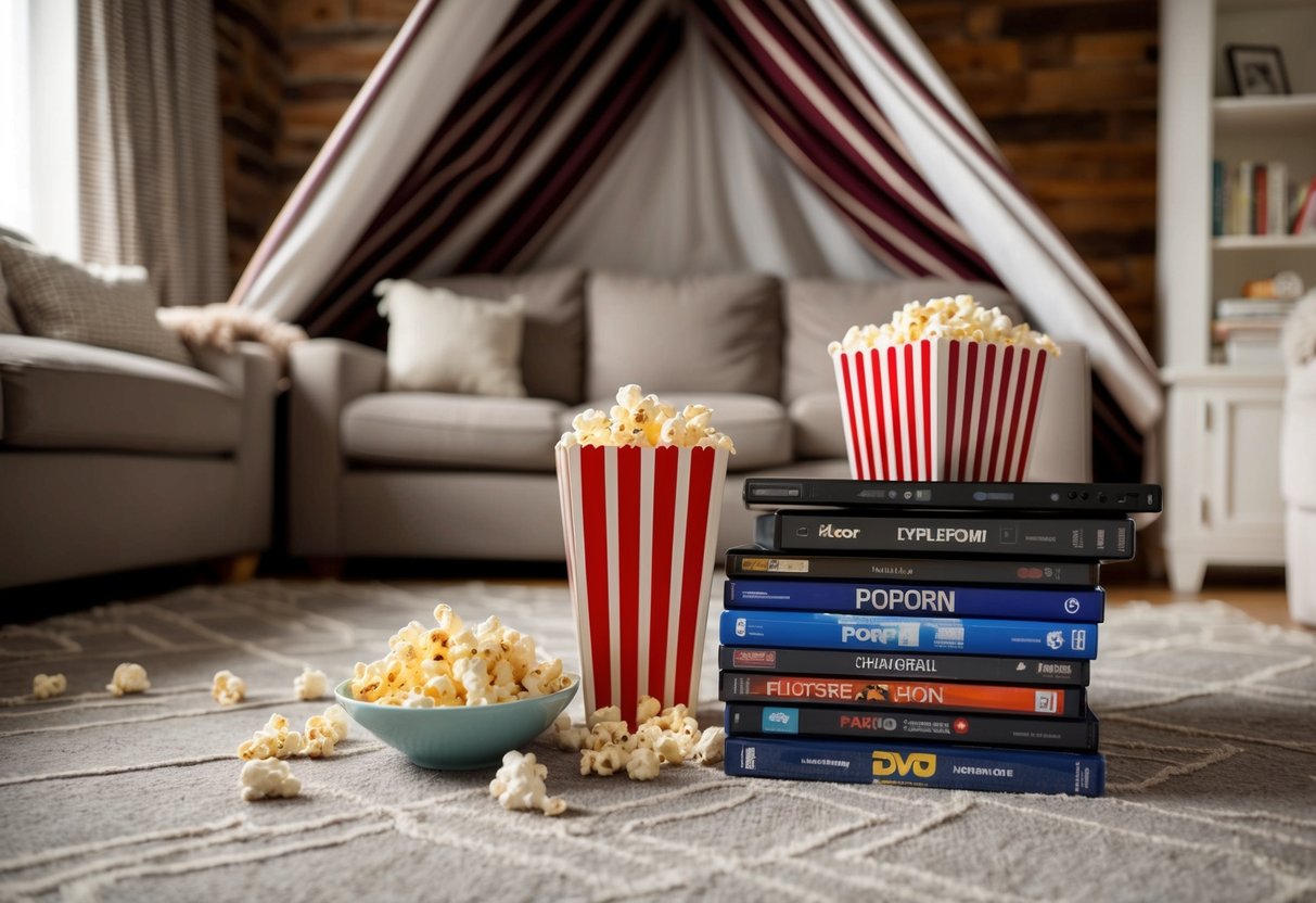A cozy living room with a blanket fort, popcorn, and a stack of DVDs ready for a movie marathon