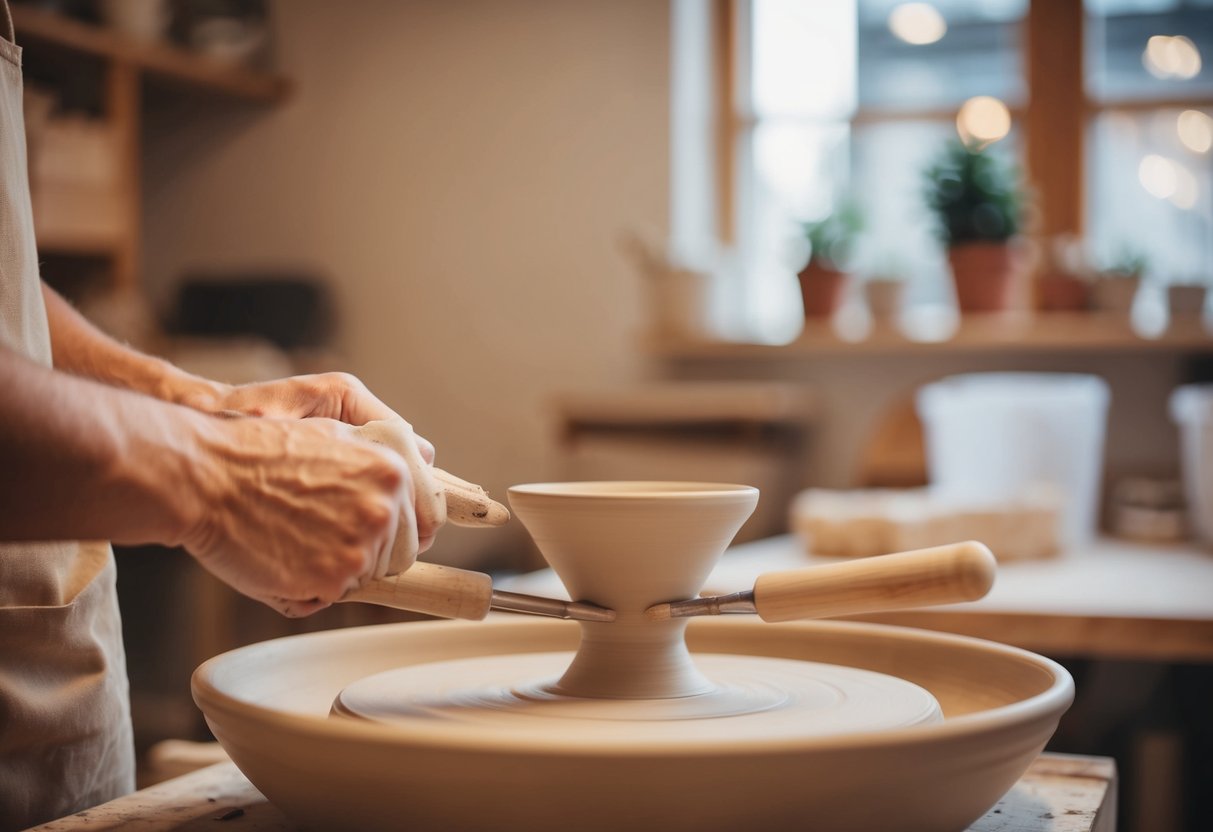 A pottery wheel spins as two pairs of tools shape clay in a cozy studio
