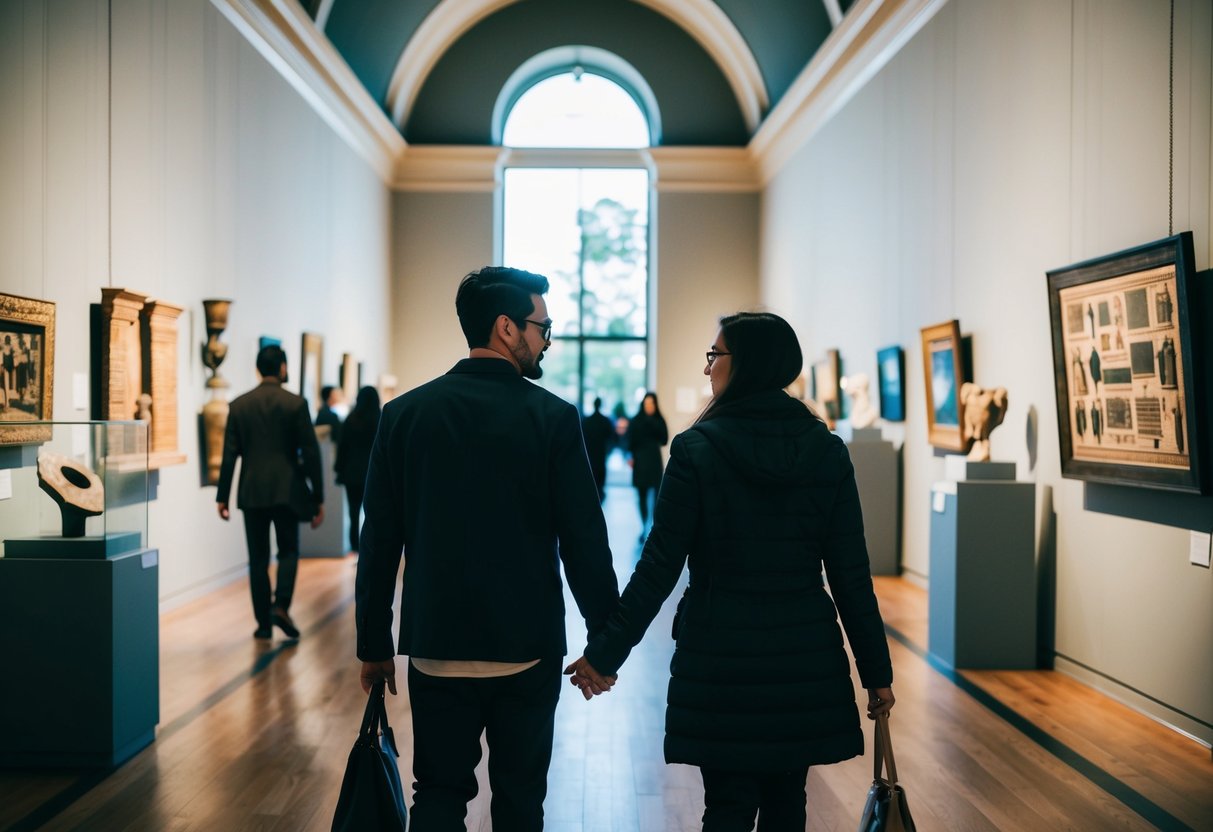A couple walks hand in hand through a museum, admiring ancient artifacts and modern art pieces. The soft glow of the gallery lights creates a romantic atmosphere
