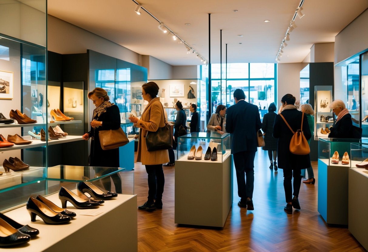 A museum filled with vintage shoes and exhibits, with visitors exploring and admiring the displays