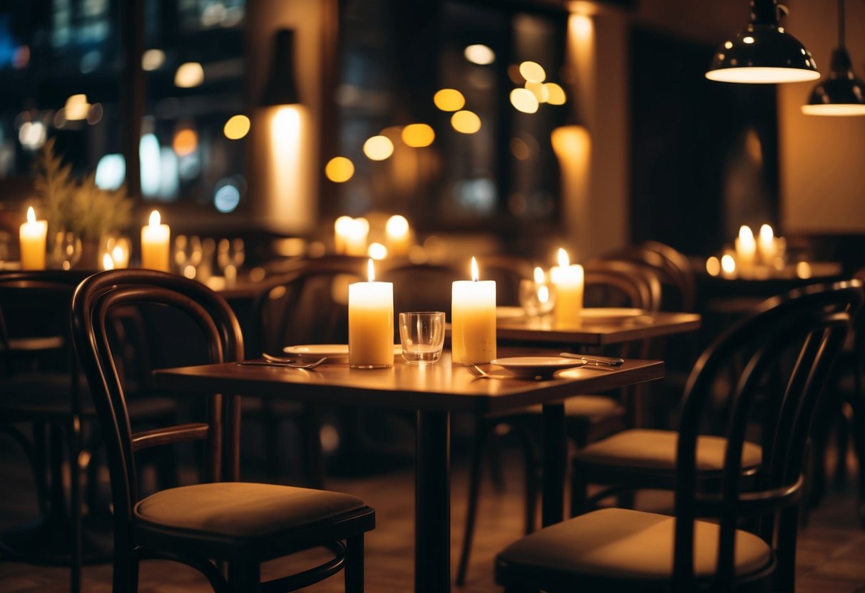 A cozy bistro with dim lighting, small tables, and flickering candles creates a romantic ambiance for a dinner date in Aargau