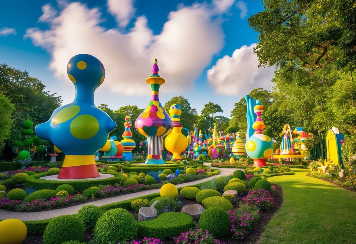Vibrant, larger-than-life sculptures fill the lush, whimsical landscape of Bruno Weber Park, creating a surreal and enchanting atmosphere