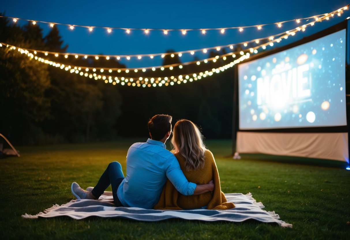A couple sits on a blanket under the stars, surrounded by twinkling fairy lights and enjoying a movie projected onto a large outdoor screen in Aargau