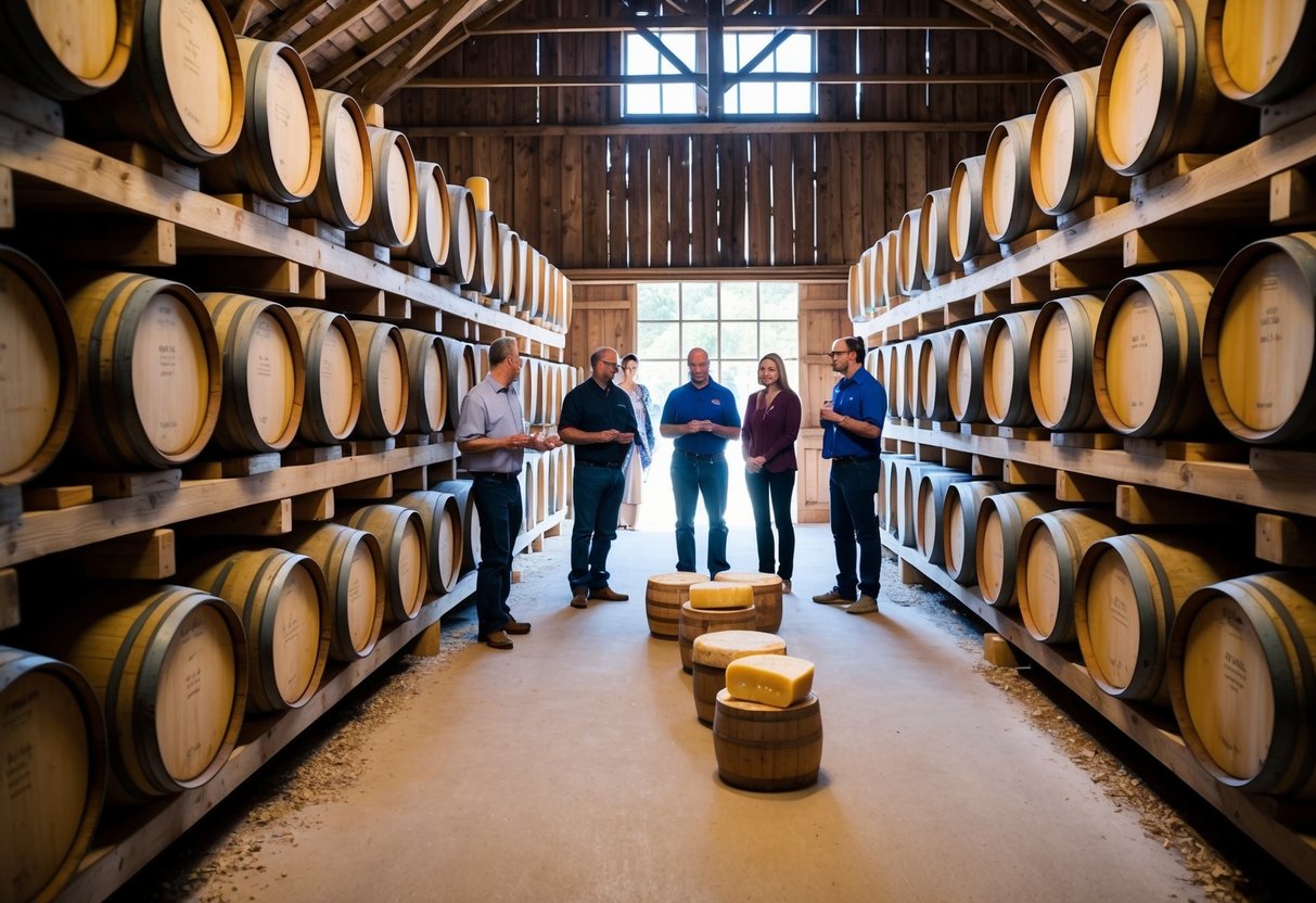 A rustic cheese-making barn with wooden barrels, shelves of aging cheese, and a tour guide explaining the process to a group of visitors
