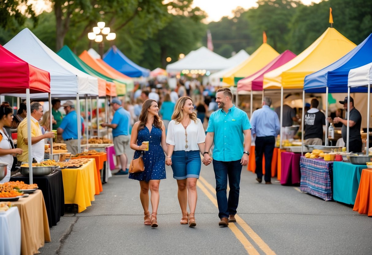 A bustling food festival with colorful tents and vendors serving a variety of dishes. Couples stroll hand in hand, sampling different foods and enjoying live music