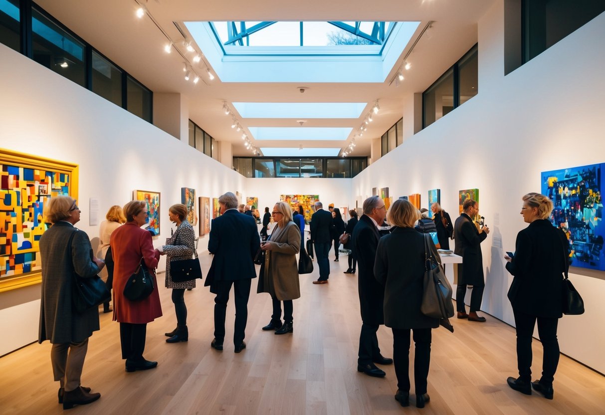 A bustling art exhibition at Stapferhaus, with colorful paintings and sculptures displayed in a modern, spacious gallery. Visitors engage with the art, while soft lighting creates a warm and inviting atmosphere