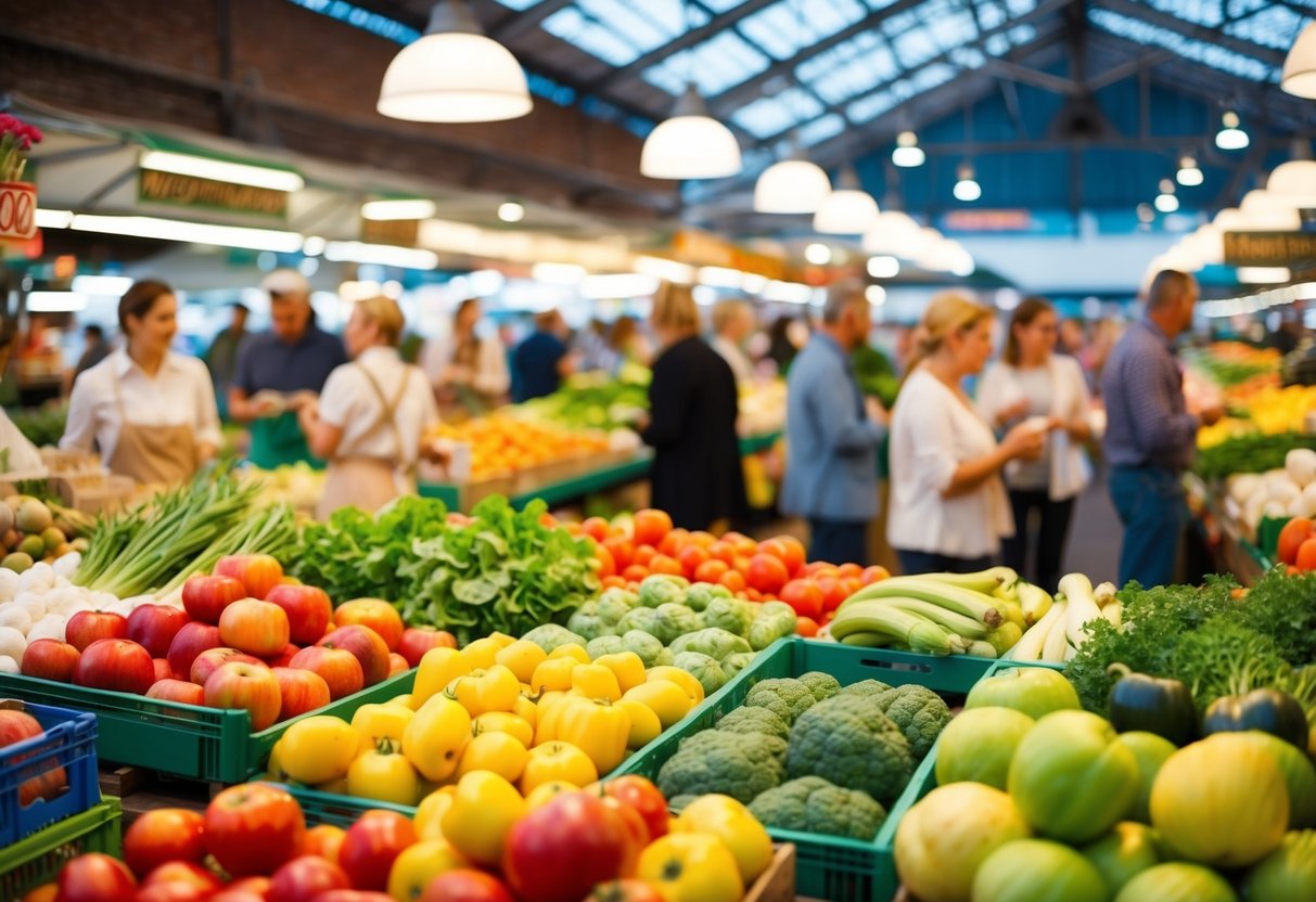 A bustling farmers market with colorful stalls, fresh produce, and lively chatter
