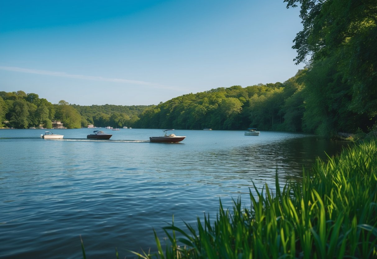 A serene lake surrounded by lush greenery, with a clear blue sky and a few boats gently gliding across the water