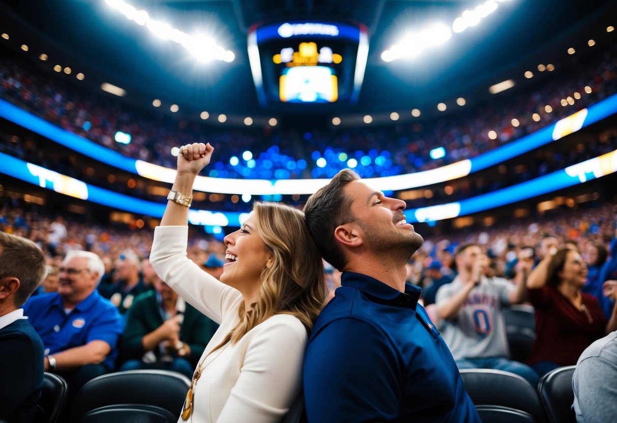 A couple sits close, cheering at a sports game, surrounded by a lively crowd and stadium lights