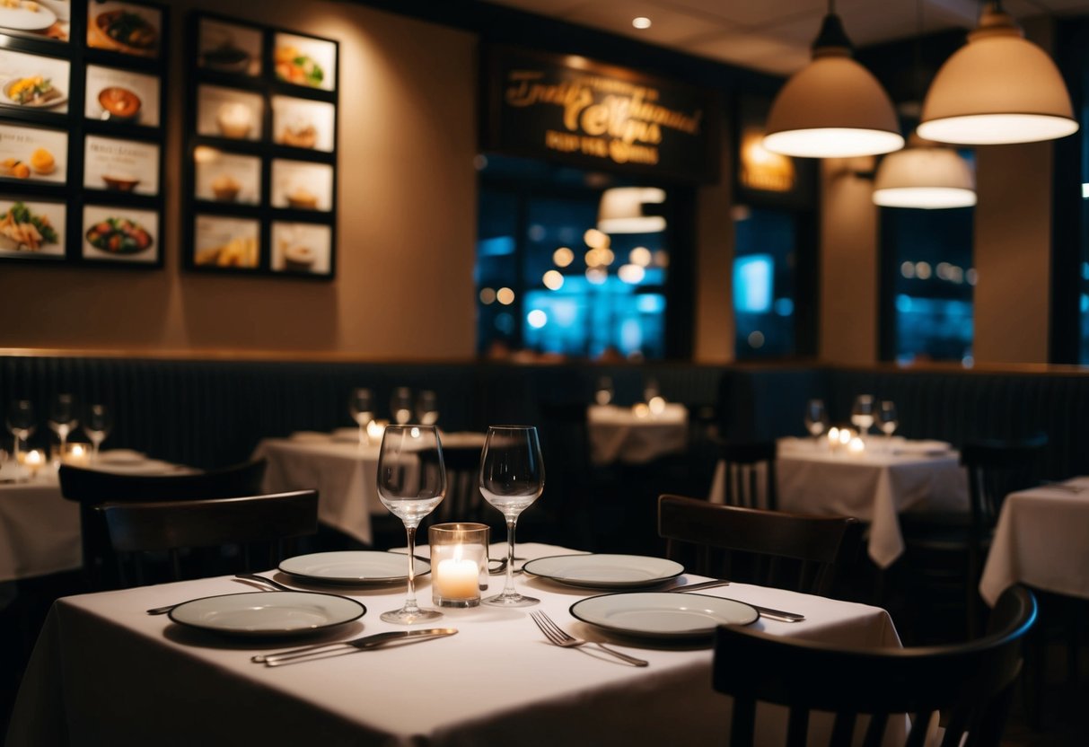 A cozy restaurant with dim lighting, a table set for two, and a menu featuring a variety of international cuisines
