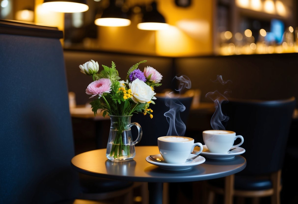 A cozy cafe in Aalst with dim lighting, a vase of fresh flowers, and two steaming cups of coffee on a small table