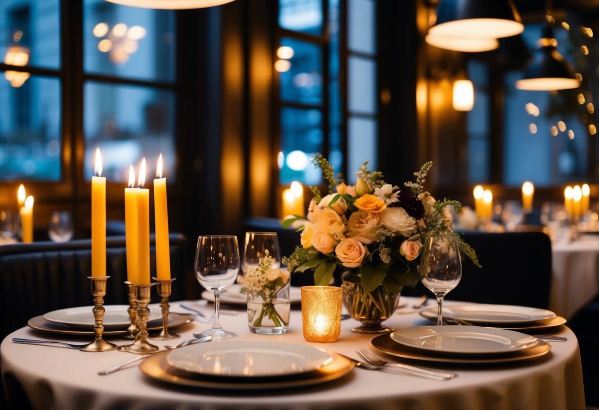 A cozy bistro with dim lighting, flickering candles, and a table set with elegant dinnerware and a bouquet of fresh flowers