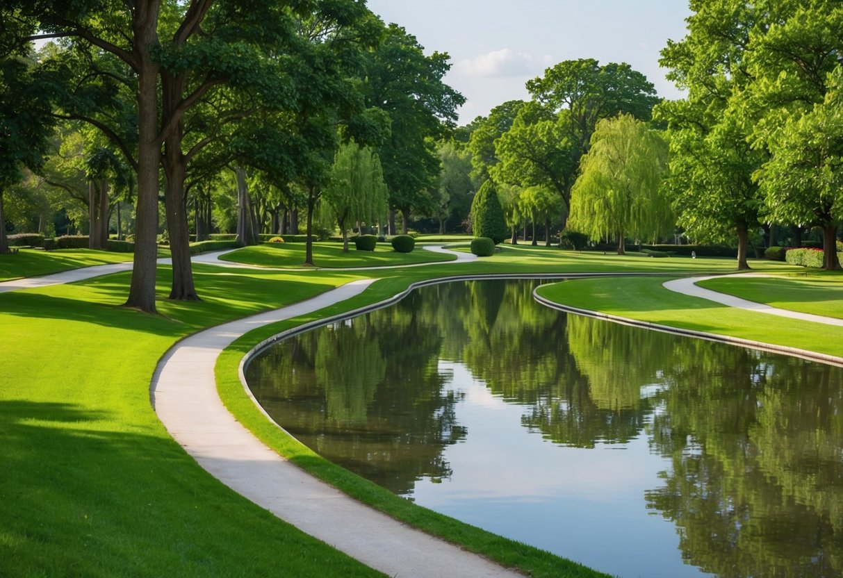 A tranquil park with winding paths, lush greenery, and a serene pond reflecting the surrounding trees