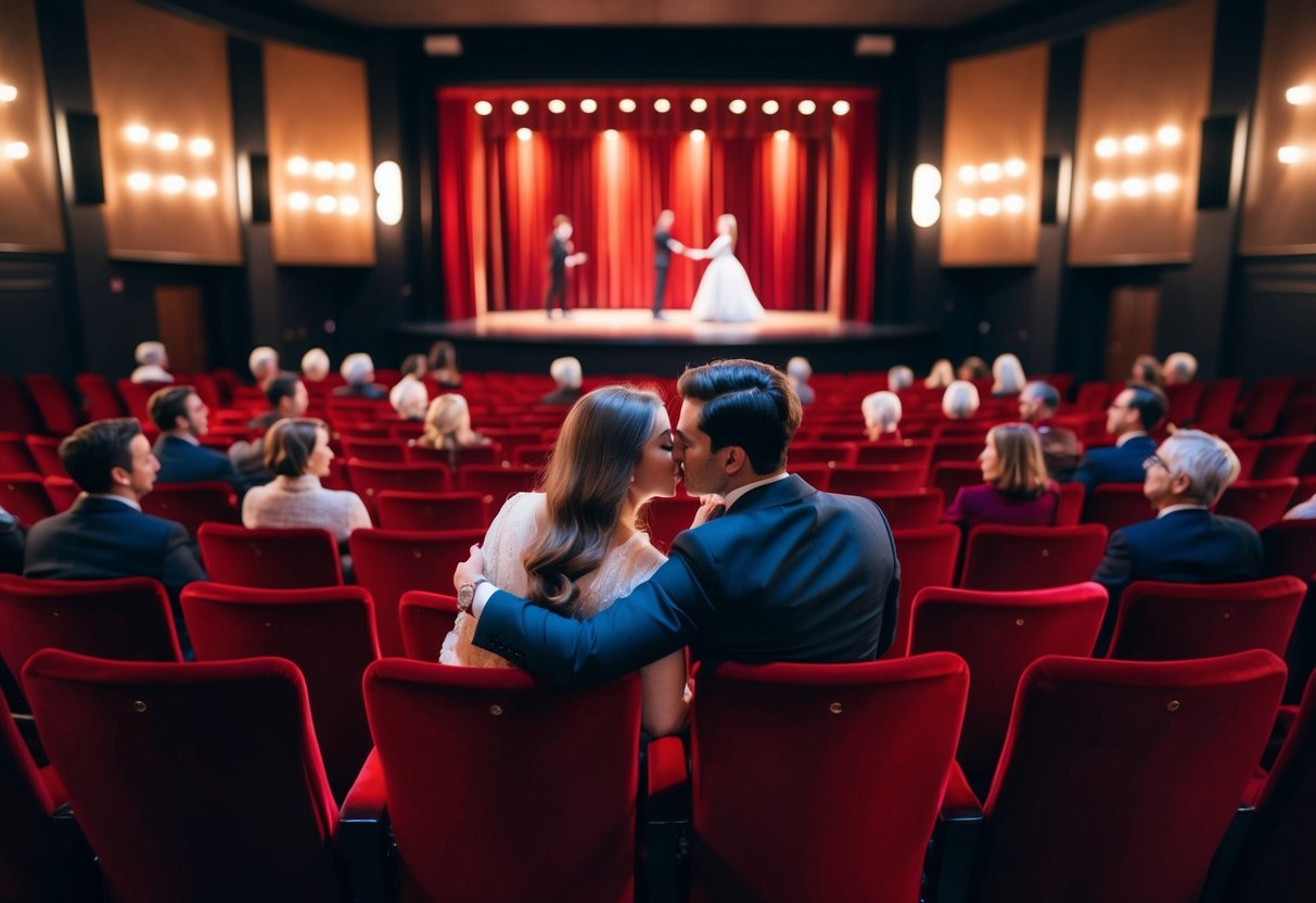 A couple sits in a dimly lit theater, surrounded by red velvet seats. The stage is illuminated, with actors performing a romantic play
