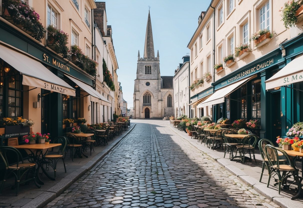 A charming cobblestone street leading to the historic St. Martin's Collegiate Church, surrounded by quaint cafes and colorful flower boxes