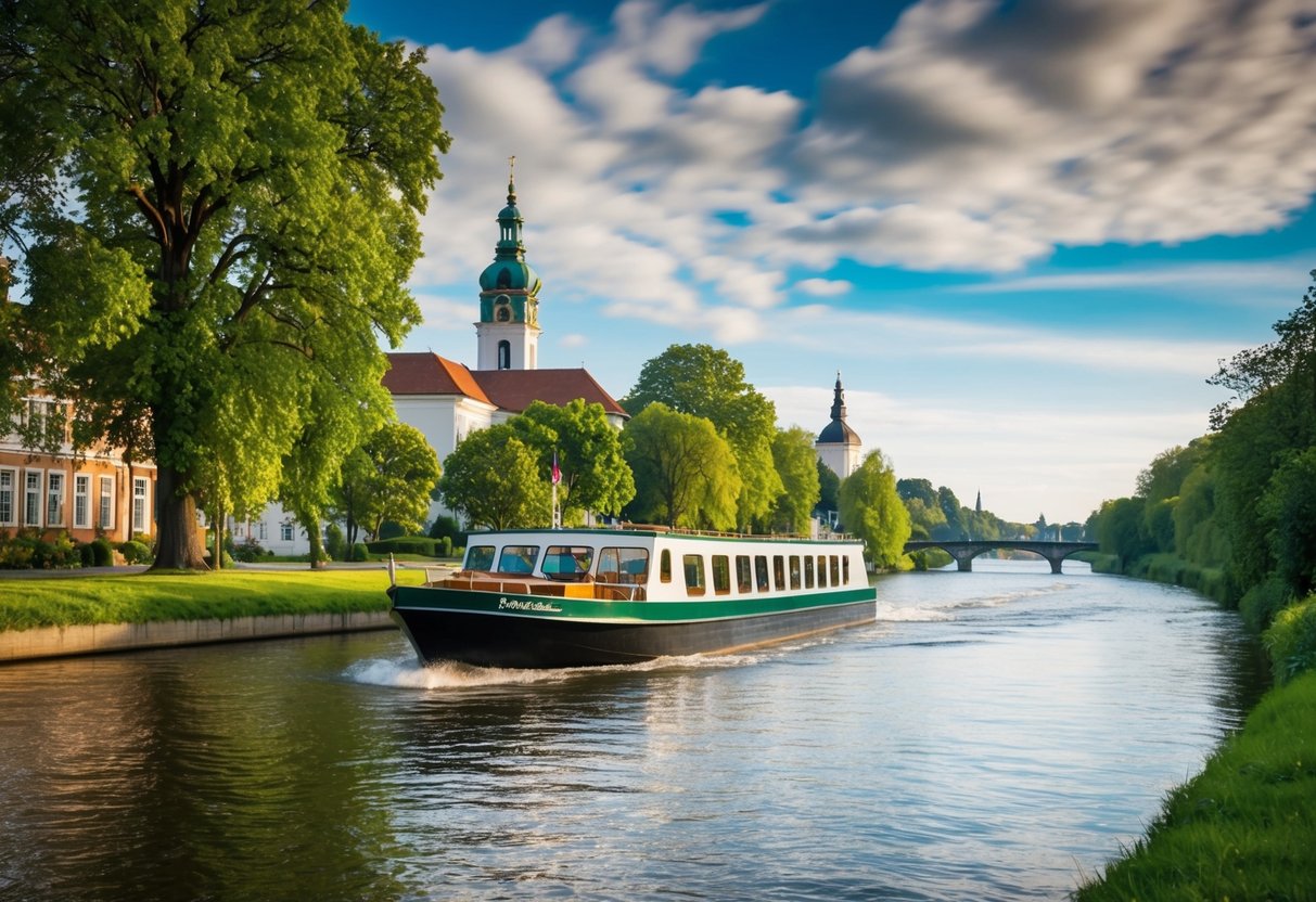 A peaceful boat glides along the tranquil Dender River, surrounded by lush greenery and charming architecture