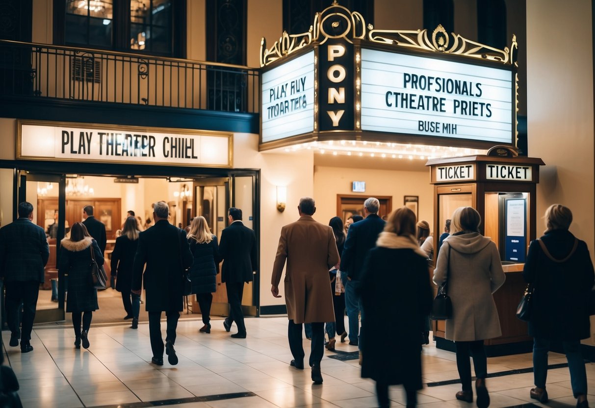 A bustling theater lobby with patrons entering and exiting, a marquee displaying the play's title, and a ticket booth with a line of eager theatergoers
