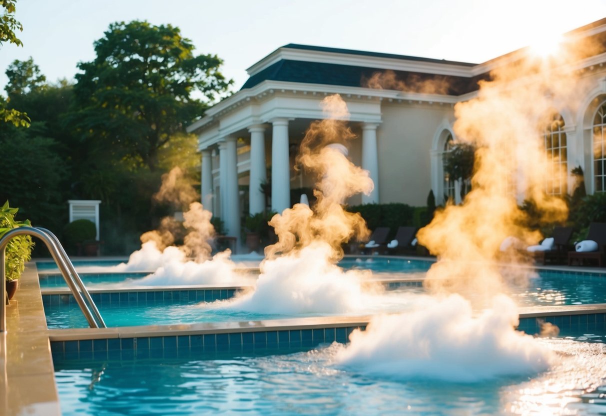 A tranquil spa with steam rising from hot pools, surrounded by lush greenery and elegant architecture