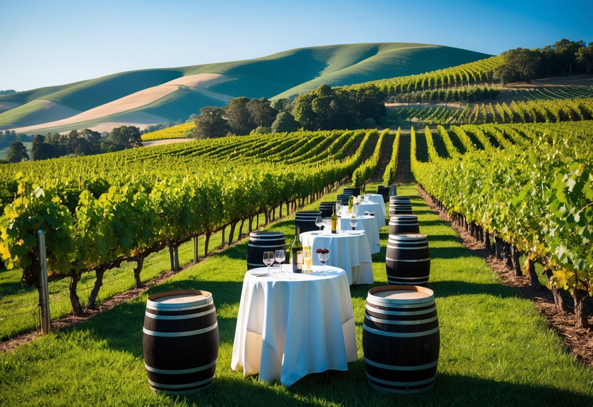 Lush vineyards with rows of grapevines, wine barrels, and a tasting table set against a picturesque backdrop of rolling hills and a clear blue sky