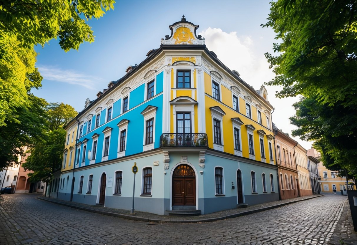 A historic building with a colorful facade and ornate windows, surrounded by cobblestone streets and lush greenery