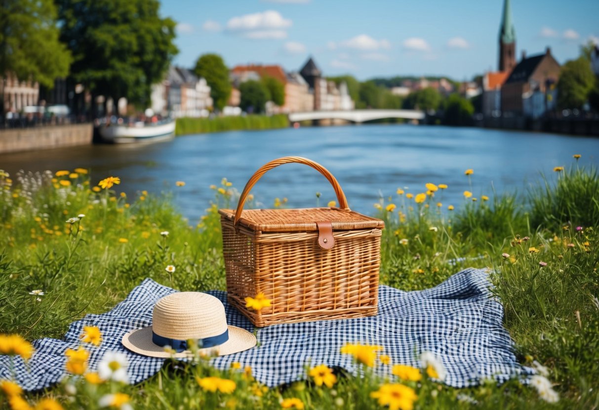 A sunny riverside picnic with a checkered blanket, wicker basket, and scattered wildflowers. The Schelde River flows peacefully in the background, with a quaint town visible on the opposite bank